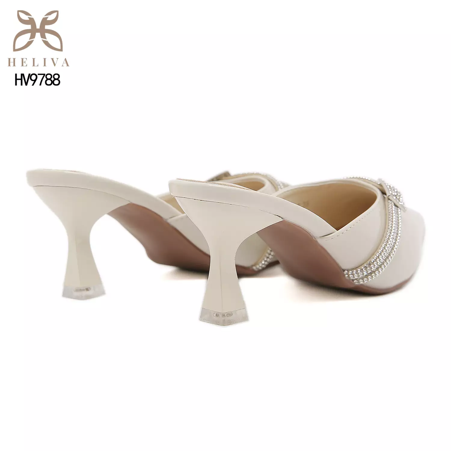 HELIVA CILLA Glossy Pointed Mules 6.5 cm with Elegant Rhinestone Strap HV9788