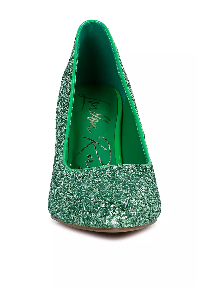 Green Glitter Conical Heel Pumps