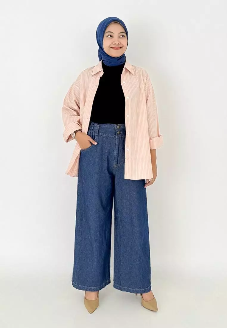 Oversized Cotton Stripe Shirt (Kemeja Katun Wanita) LD 120 cm - Pink Salem