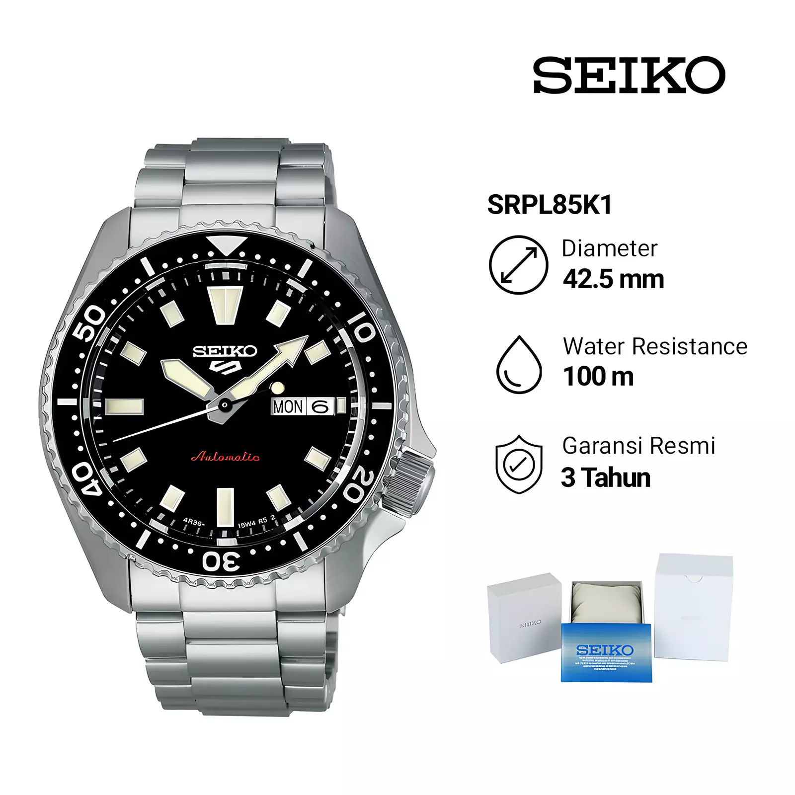 Seiko 5 Sports - Jam Tangan Automatic Pria - Silver Black - Stainless Steel - SRPL85K1