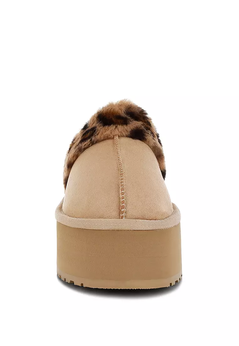 Leopard Print Faux Fur Platform Classic Slingback in Beige