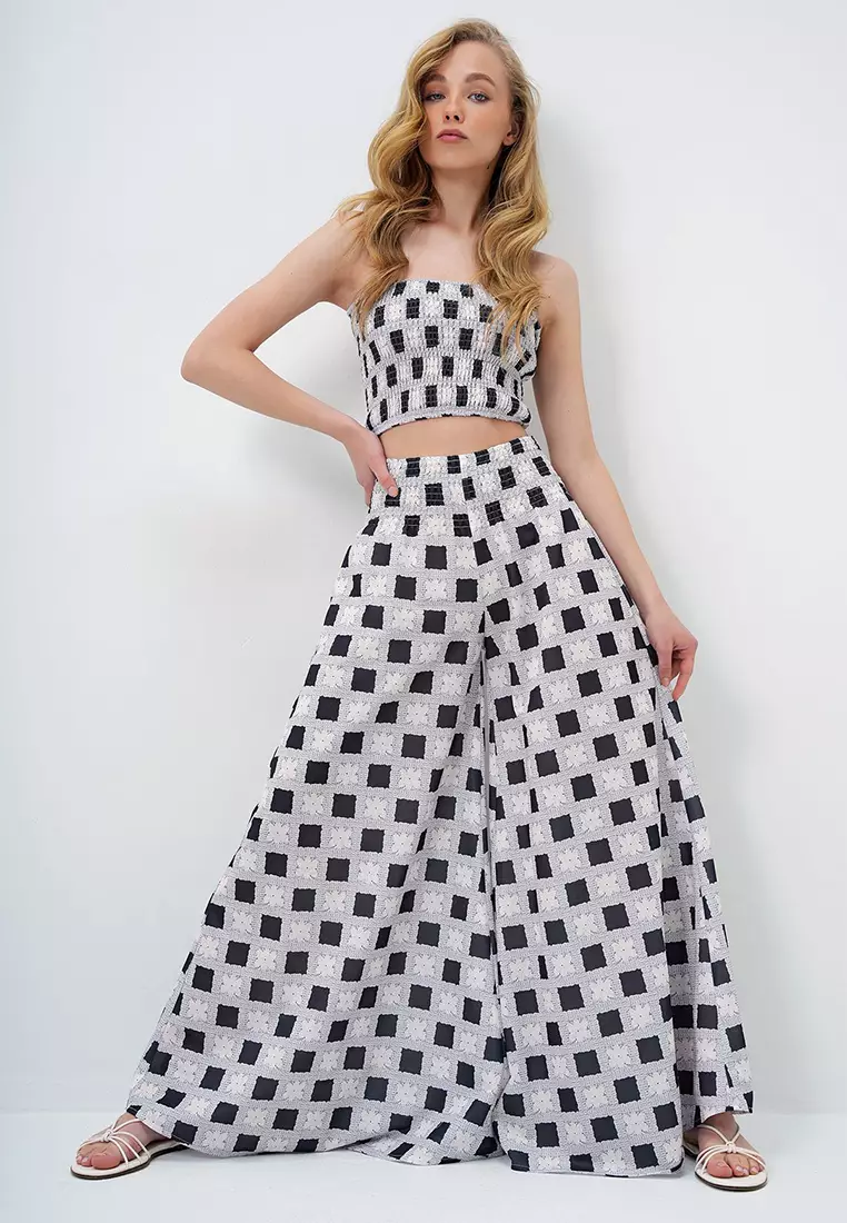 Women's Black Waist Gimped Wide Leg Pants And Gimped Crop Bustier Suit Alc-X14058