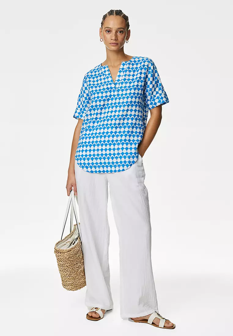 Pure Linen Printed V-Neck Popover Blouse