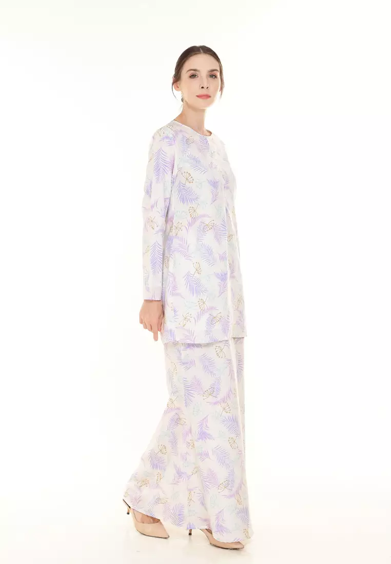 Rina Printed Kurung in Beige Lilac Leaf