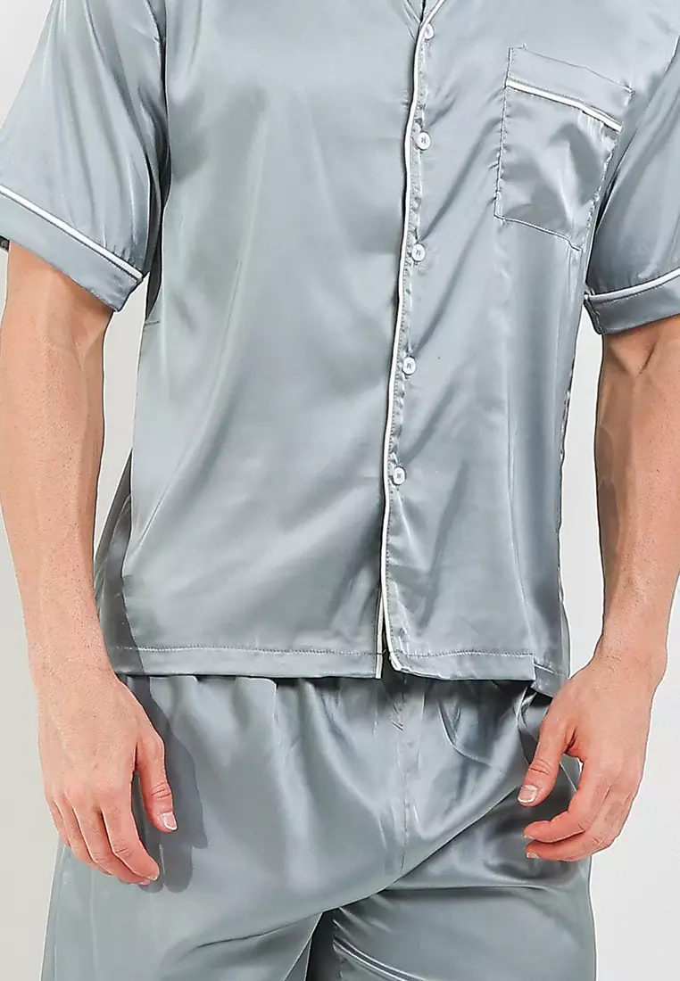 Pyjama Pijama Baju Tidur Satin Silk Kantong Baju Short Sleeve Long Pants Mens Pria Sleepwear
