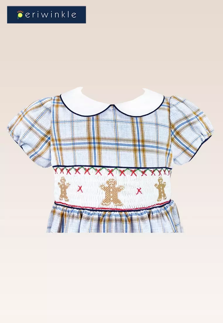 Nelia Girls Lt. Blue Picture Smocked Checkered Dress
