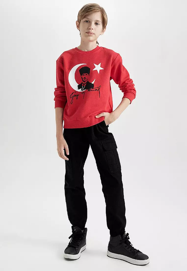 Crew Neck Atatürk Printed Red Sweatshirt