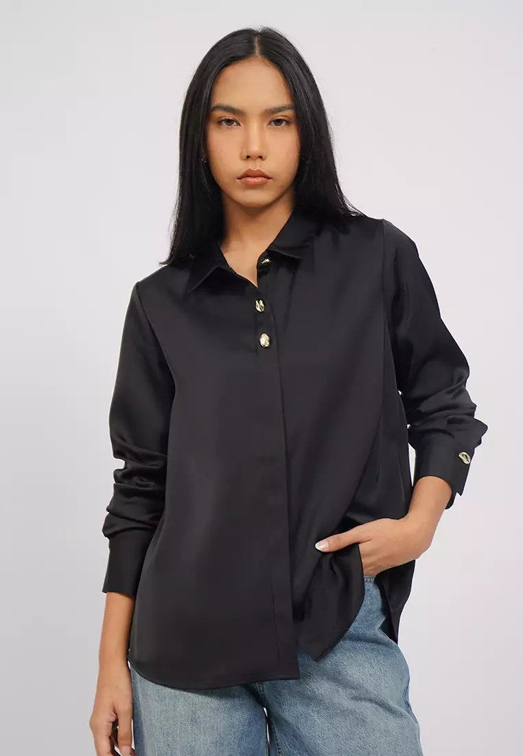 Long Sleeve Satin Shirt with Fancy Button