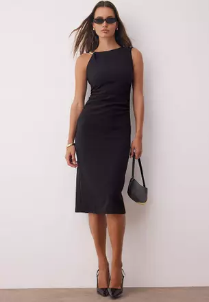 knee length dresses for ladies Black High Neck Shift Midi Dress for work with grey panelling and zip –  Miss Métier