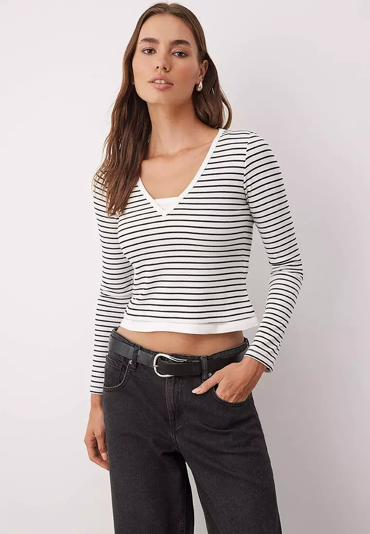 Buy Trendyol Ecru Color Striped Block Fitted/Body-Smoothing Long Sleeve ...