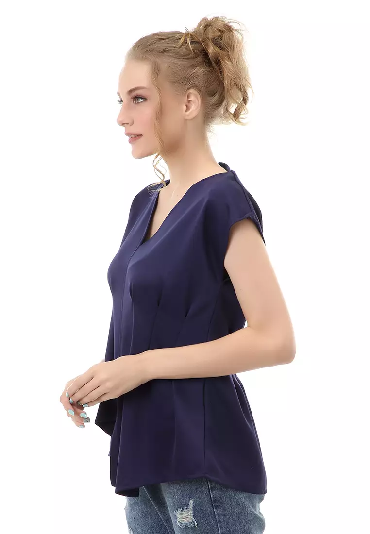 Cheva Top Blouse Wanita Lengan Pendek Material Prime Scuba ORIGINAL - Navy