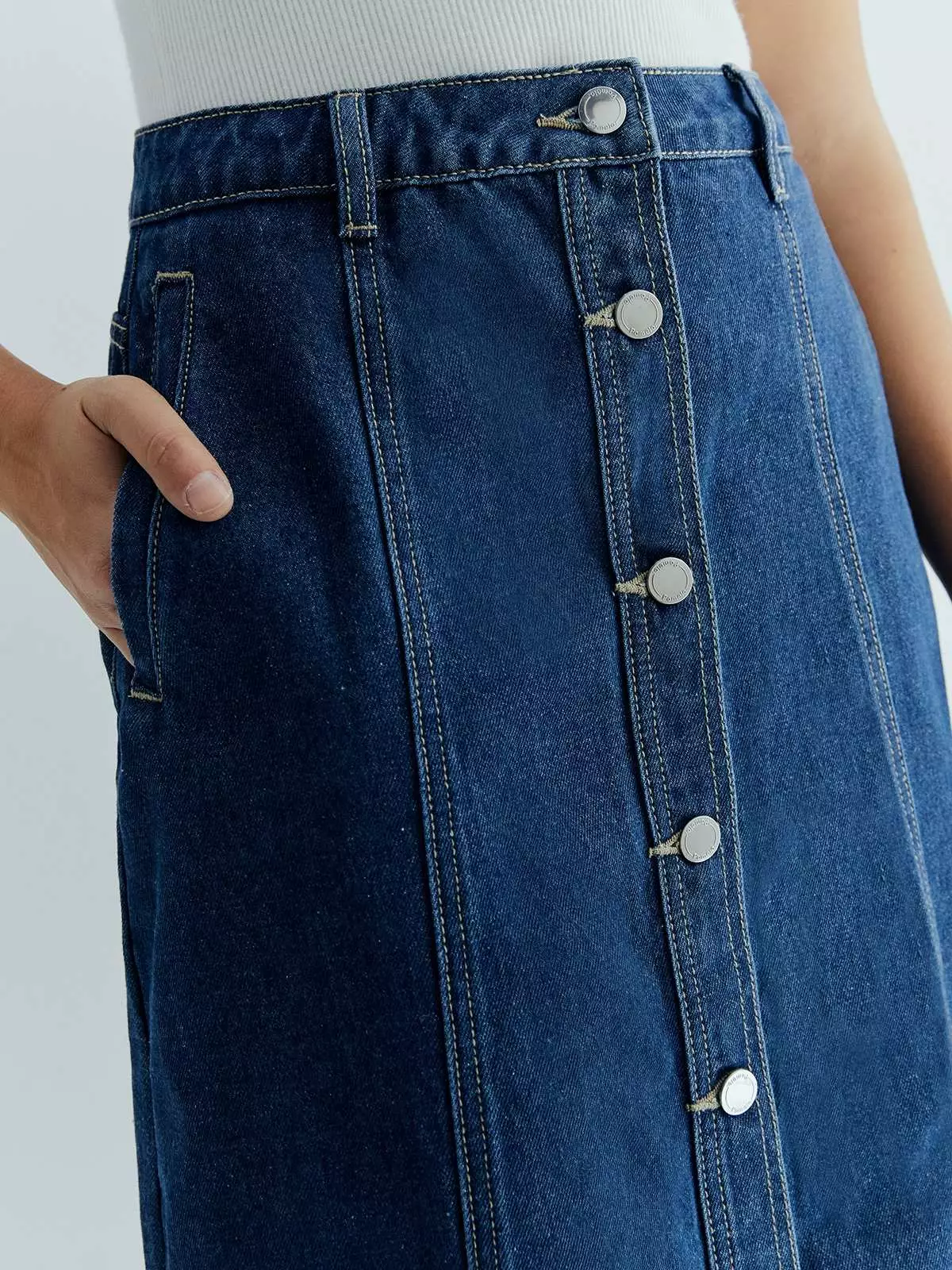 Front Button Denim Pencil Skirt - Blue