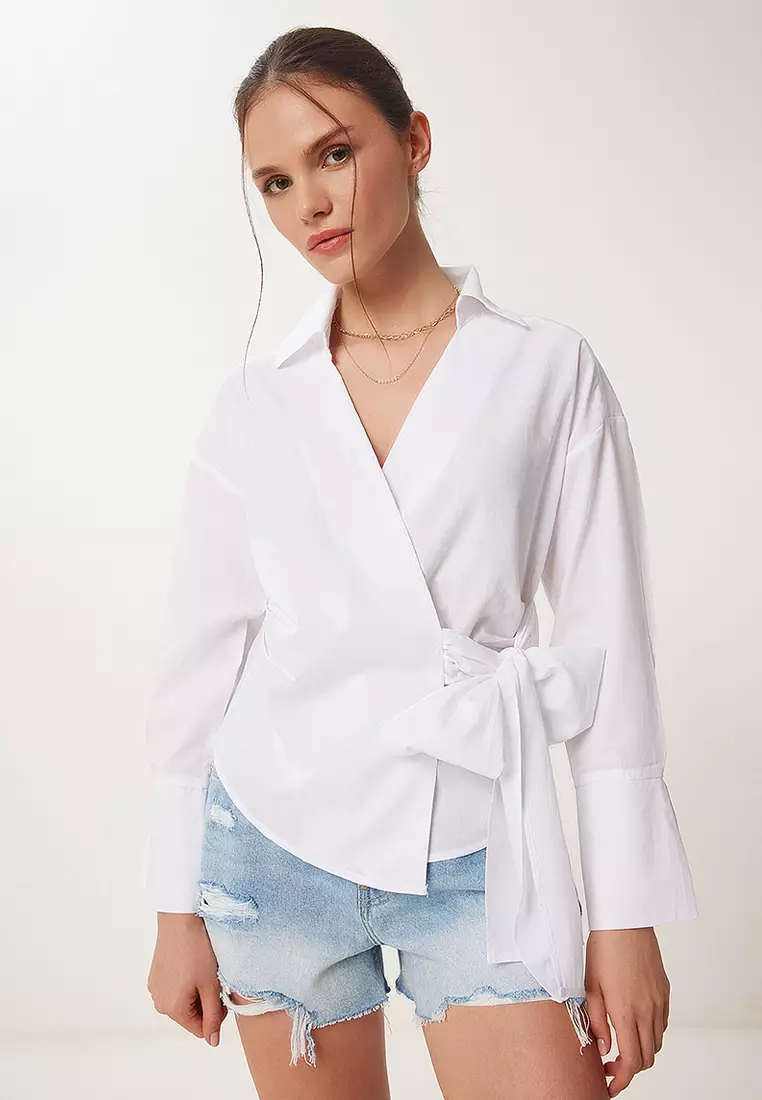 Shirt Collar Wrap Poplin Blouse