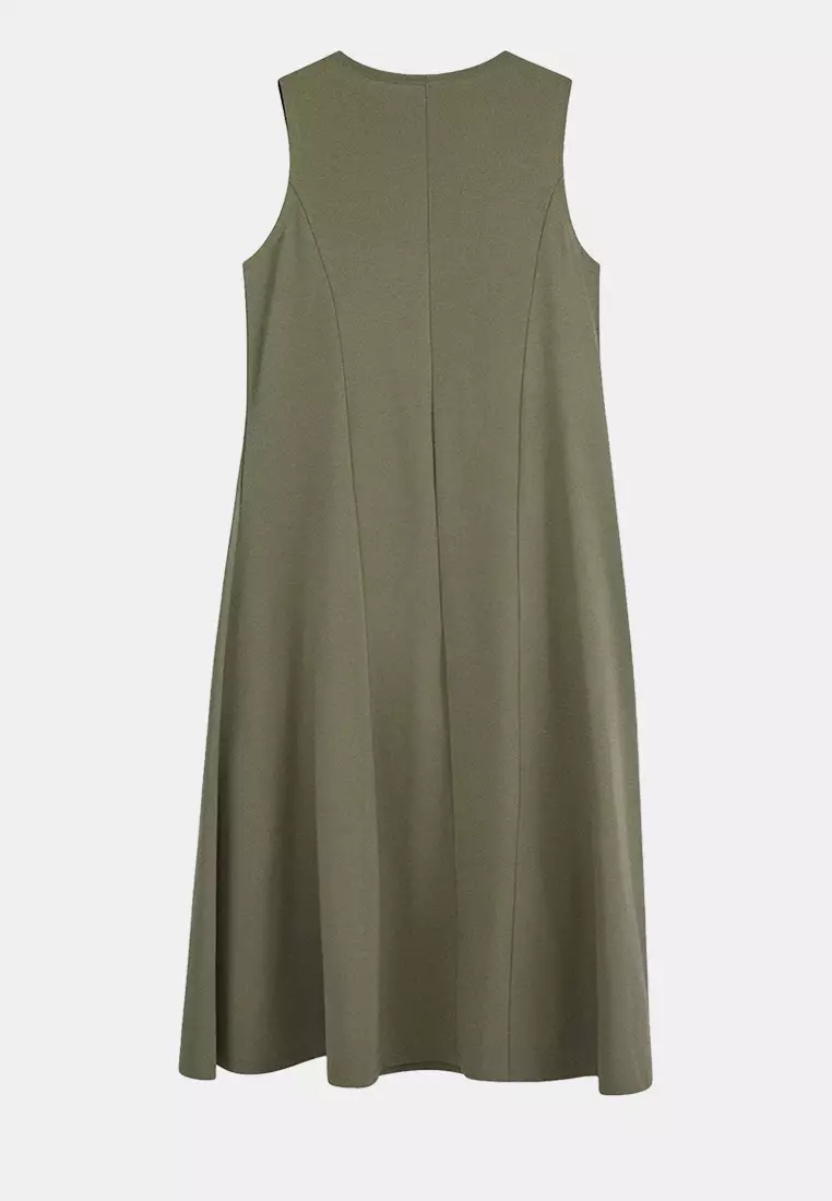 Dark Khaki 100% Cotton Open-Waist Crew Neck Midi Knitted Midi Plus Size Dress Tbbss26Ah00157
