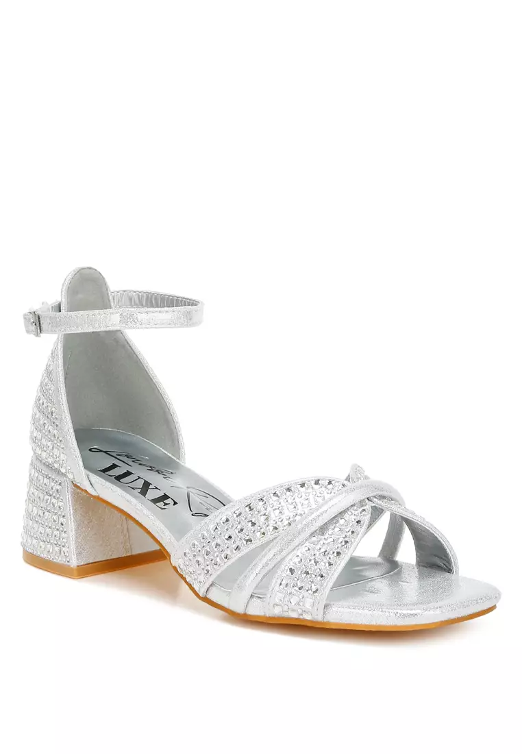Low Block Heel Rhinestone Sandals in Silver