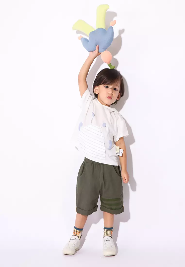 男小童短袖T恤口袋造型带帽短T