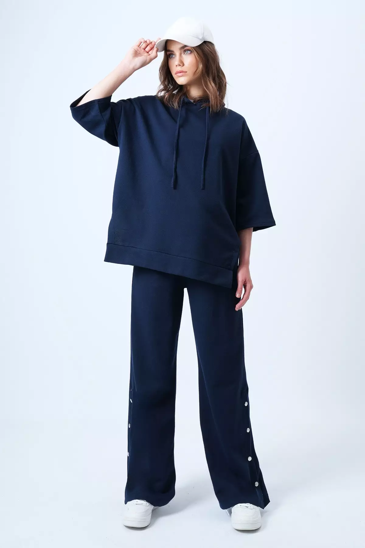 Navy Blue Hooded Sweatshirt With Side Slits And Wide-Legged Trousers Set Alc-X14607