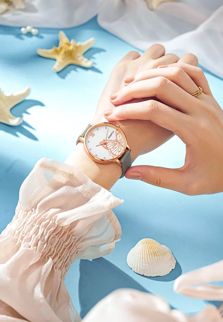 Jam Tangan Wanita Anggun Tali Kulit Display Kuarsa Tahan Air Jam Wanita Mode Jam Tangan Cewek greybutterfly