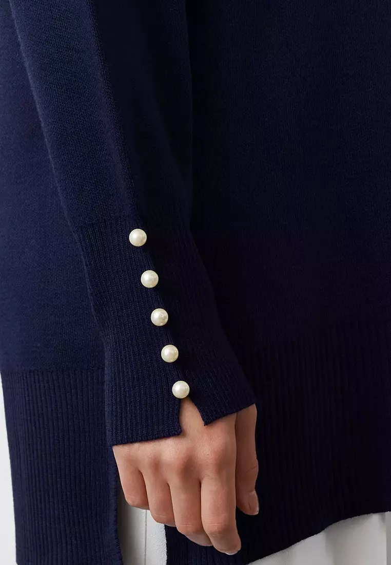 Navy Blue Pearl Detailed Knitwear Sweater Tctaw25Ak00007