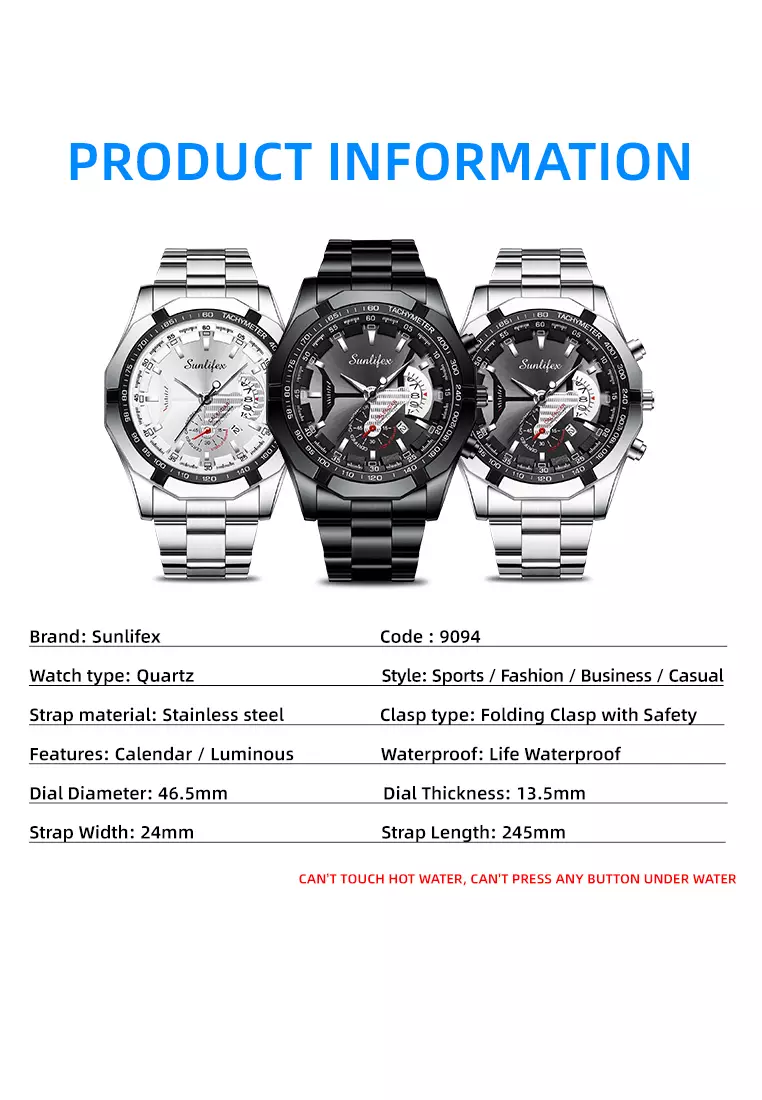 Jam Tangan Pria 9094 Original Kuarsa Kalender Tali Stainless Steel Jam Tangan Cowok(Kotak + Kartu Garansi) silver black