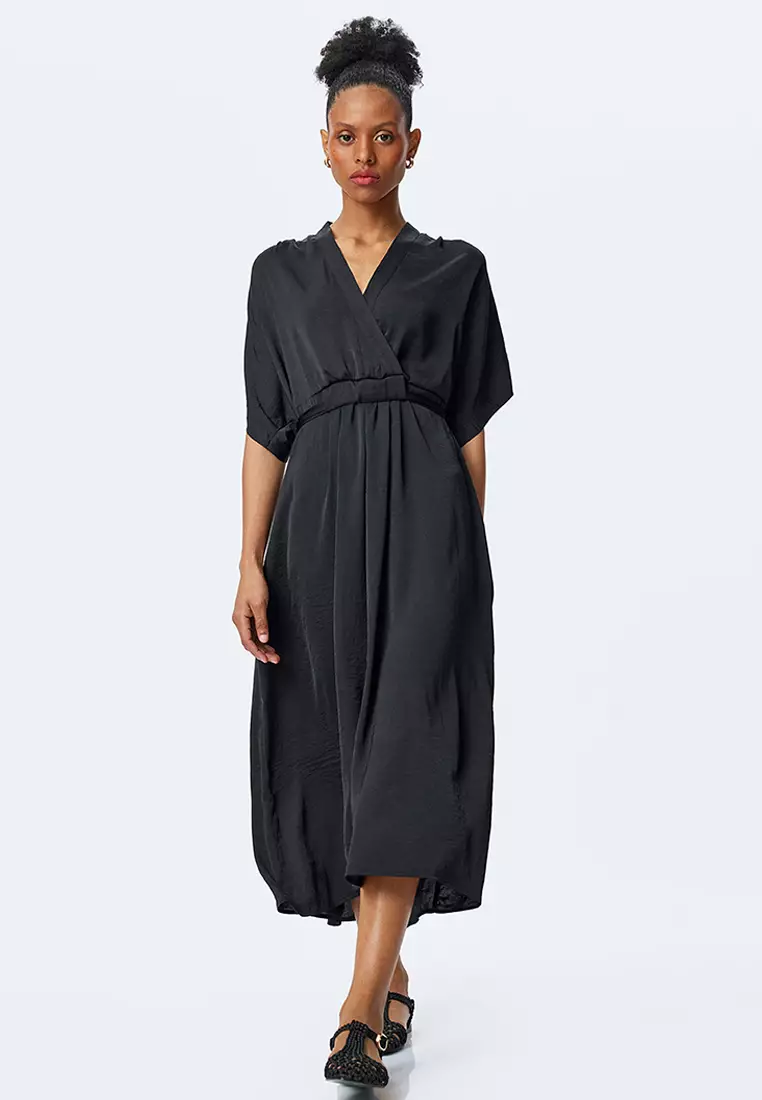Flowy Short Sleeve Midi Length Double Breasted Satin Dress