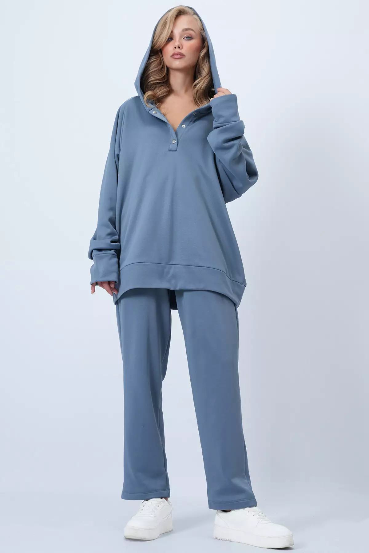 Indigo Hooded Snap Fastener Oversized Sweatshirt And Pants Set Alc-X12476