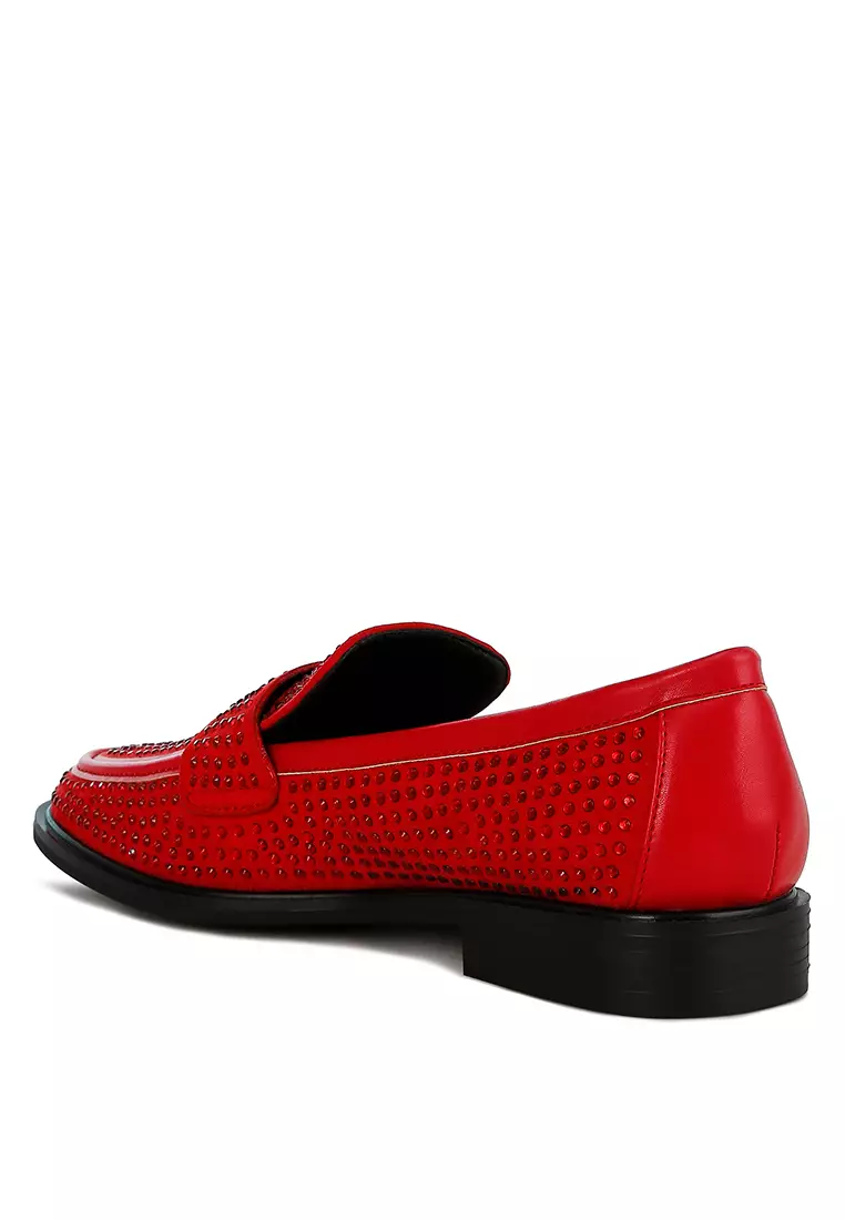 Sepatu Loafer Berhias Berlian Imitasi Merah