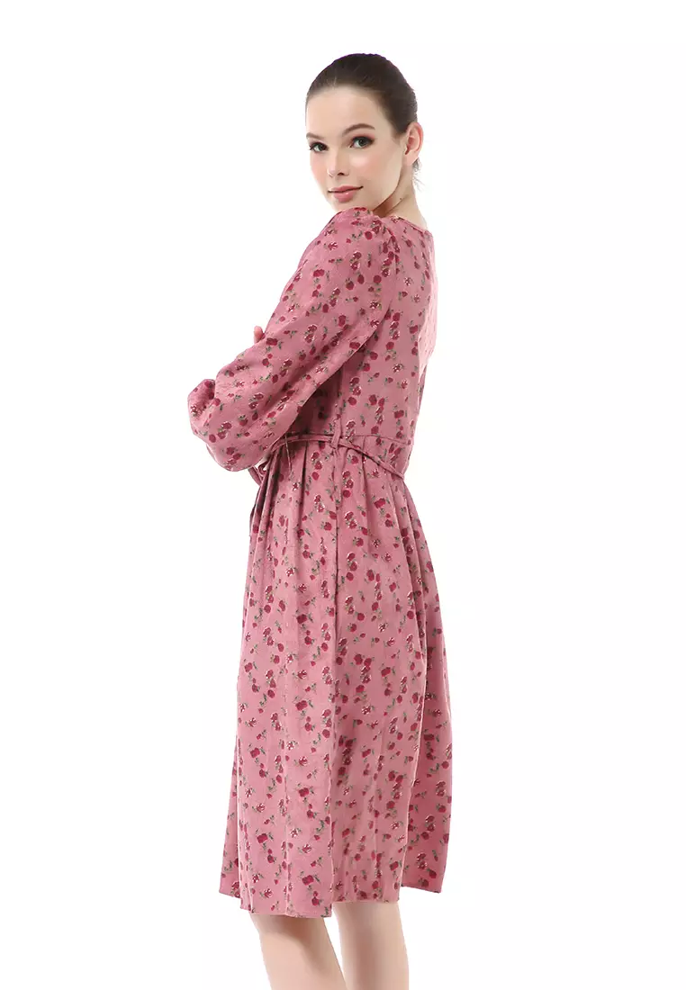 Rachel Dress Wanita Motif Bunga Elegant Design Long Sleeve Material Flanel ORIGINAL - Red