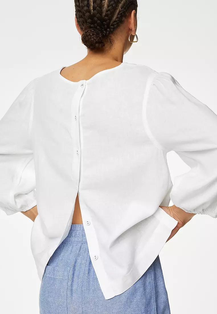 Linen Blend Round Neck Button Detail Blouse