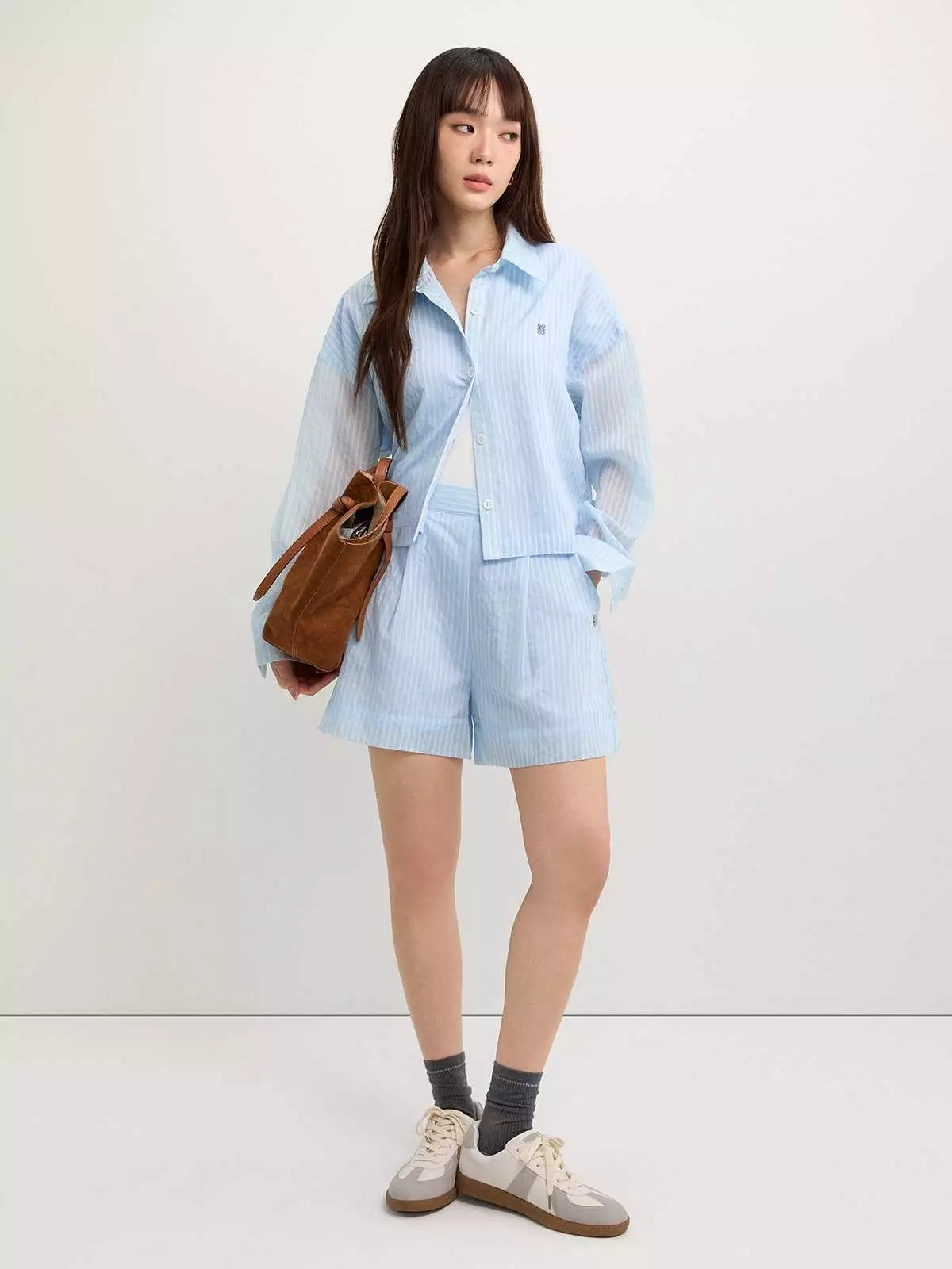 Striped Button-Up Blouse - Baby Blue