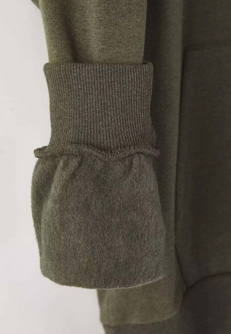 Khaki Oversize/Wide Cut Hooded Fleece/Warm Floral Printed Sweatshirt