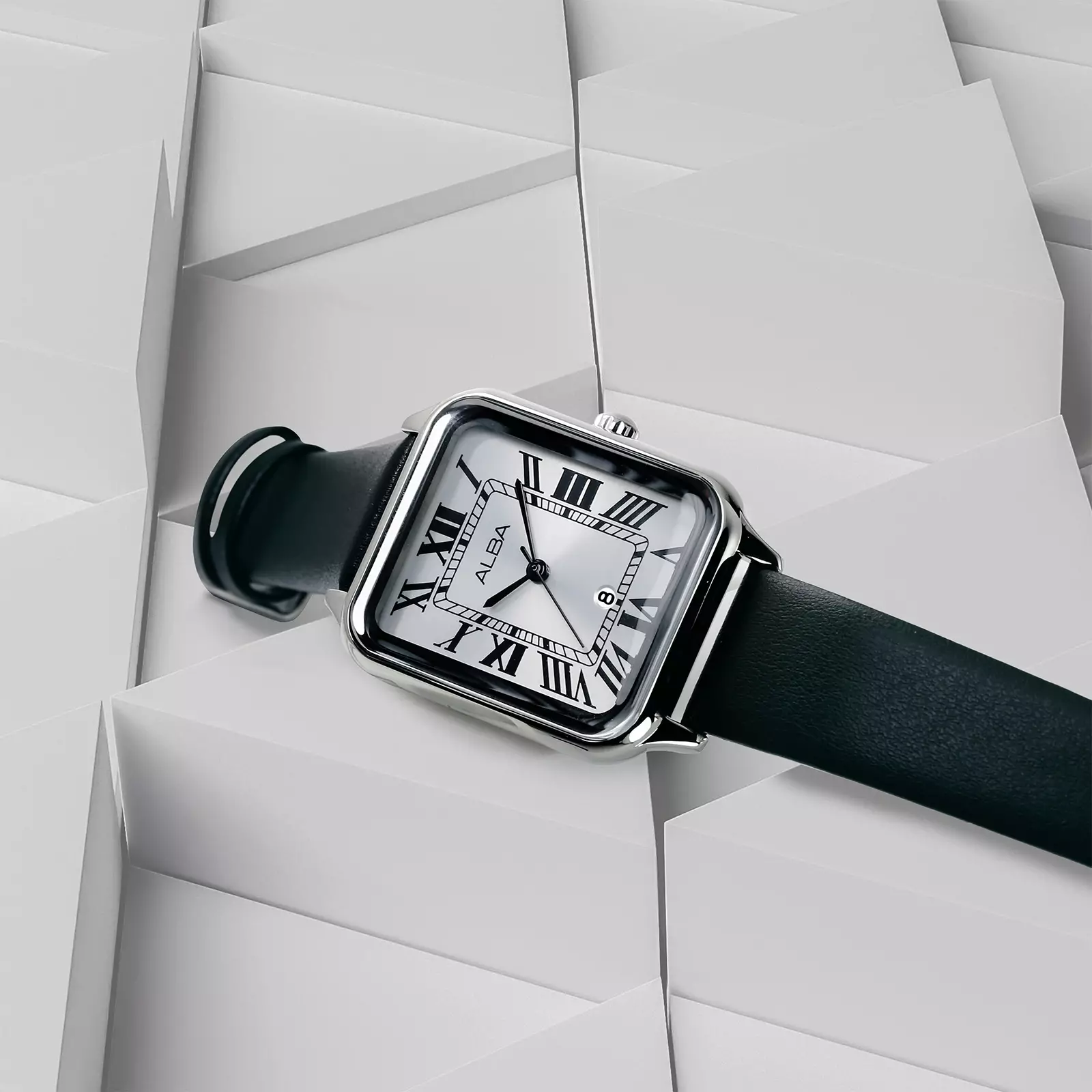 Alba Fashion - Jam Tangan Analog Wanita - Silver Stainless Case - Black Leather Strap - AH7DX7X1