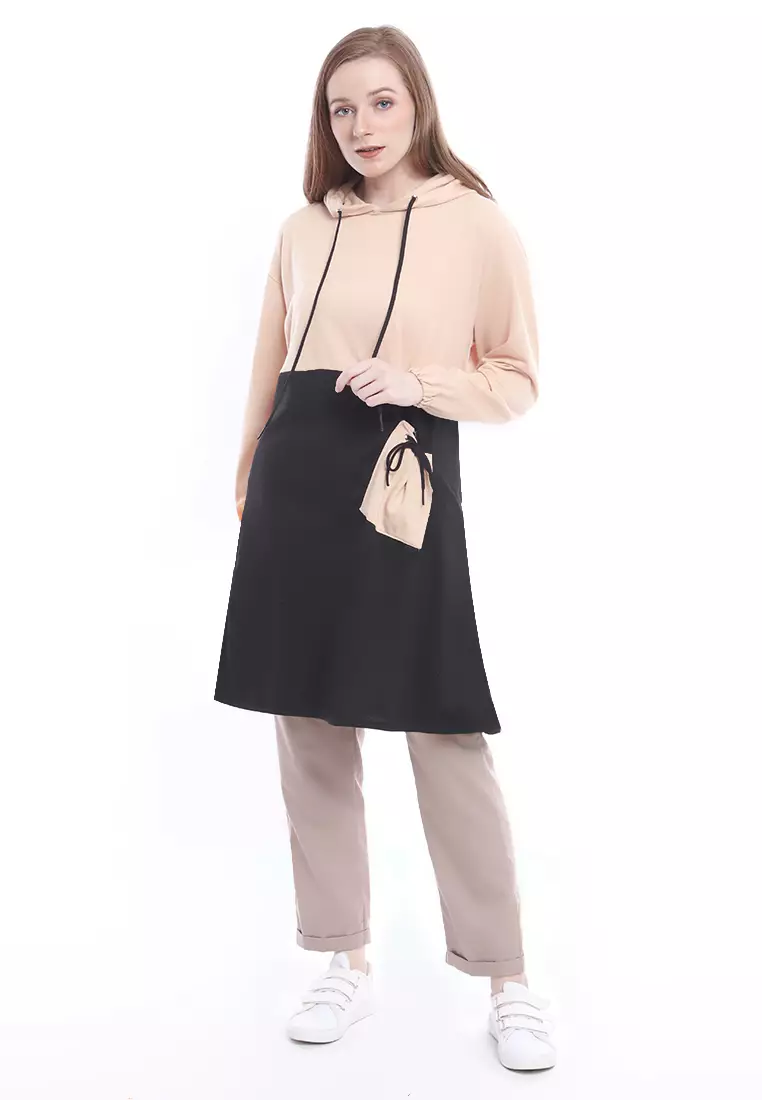 Vika Long Hoodie Dual Tone Color Lengan Panjang Outerwear Wanita Premium Quality - Cream
