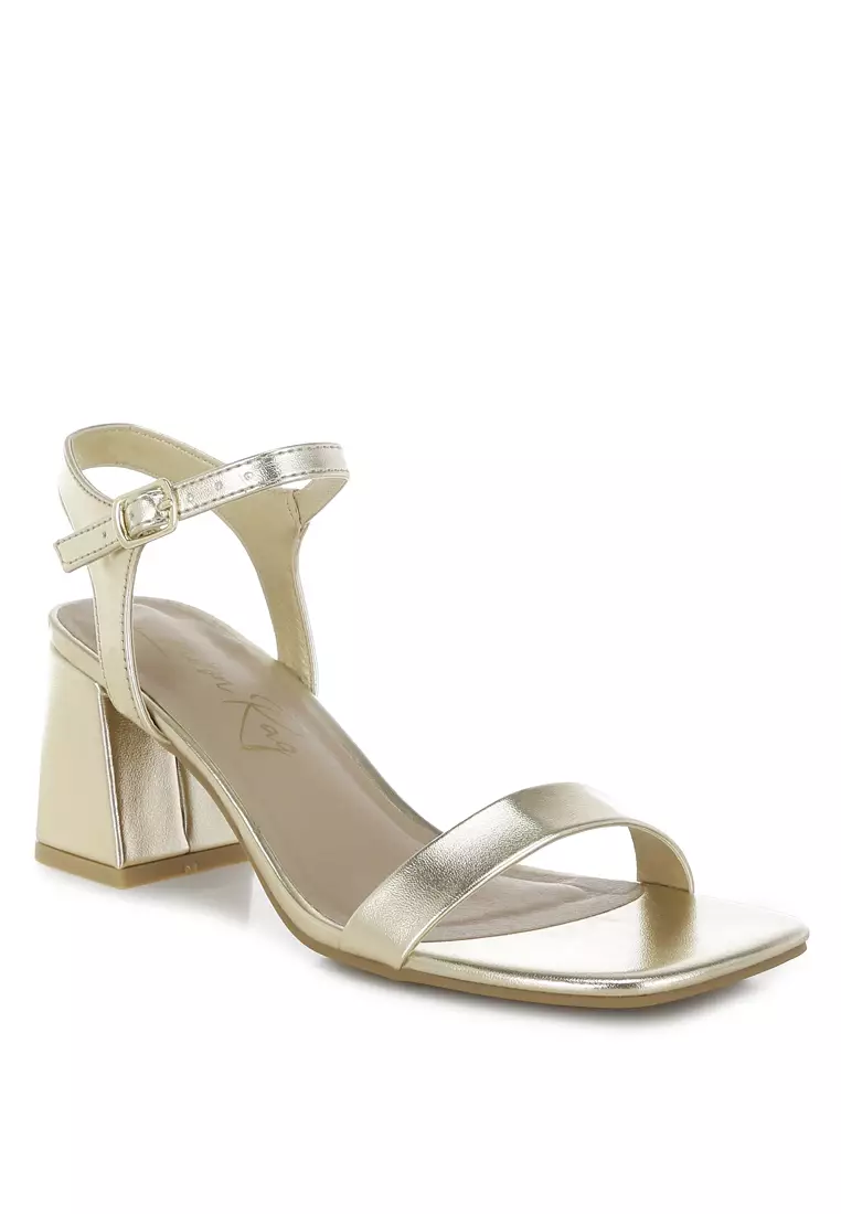 Metallic Faux Leather Block Heels In Gold