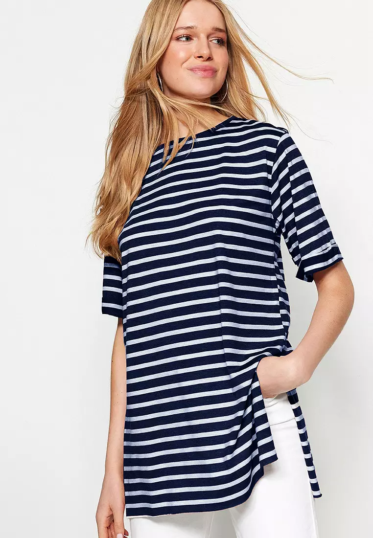 Navy Blue Striped Slit Detail Oversize/Wide Pattern Crew Neck Knitted T-Shirt