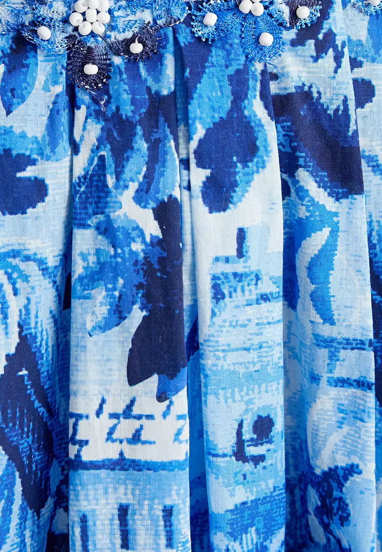 Long Linen Skirt Pleated Floral Pattern Slit and Comfortable Fit