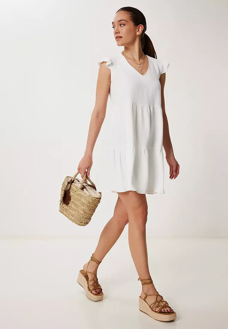 V Neck Flared Textured Mini Knitted Dress