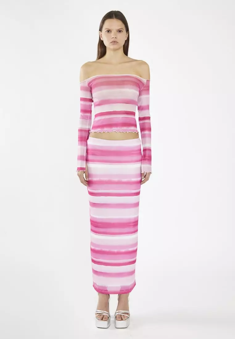 Pink Ombre Stripe Mesh Bodycon Maxi Skirt