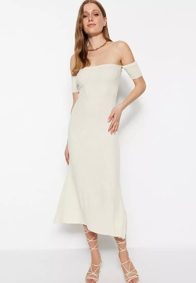 Kartia Midi Dress - V Neck Knit Dress in Off White