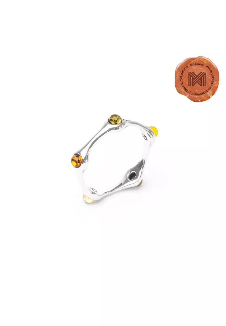 Multifaceted Baltic Amber Multi-Tone Spaced Beads Silver Ring with 925 Sterling Silver