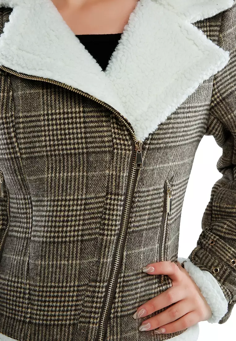 Jaket Musim Dingin Kotak-kotak Shearling Collar Coklat