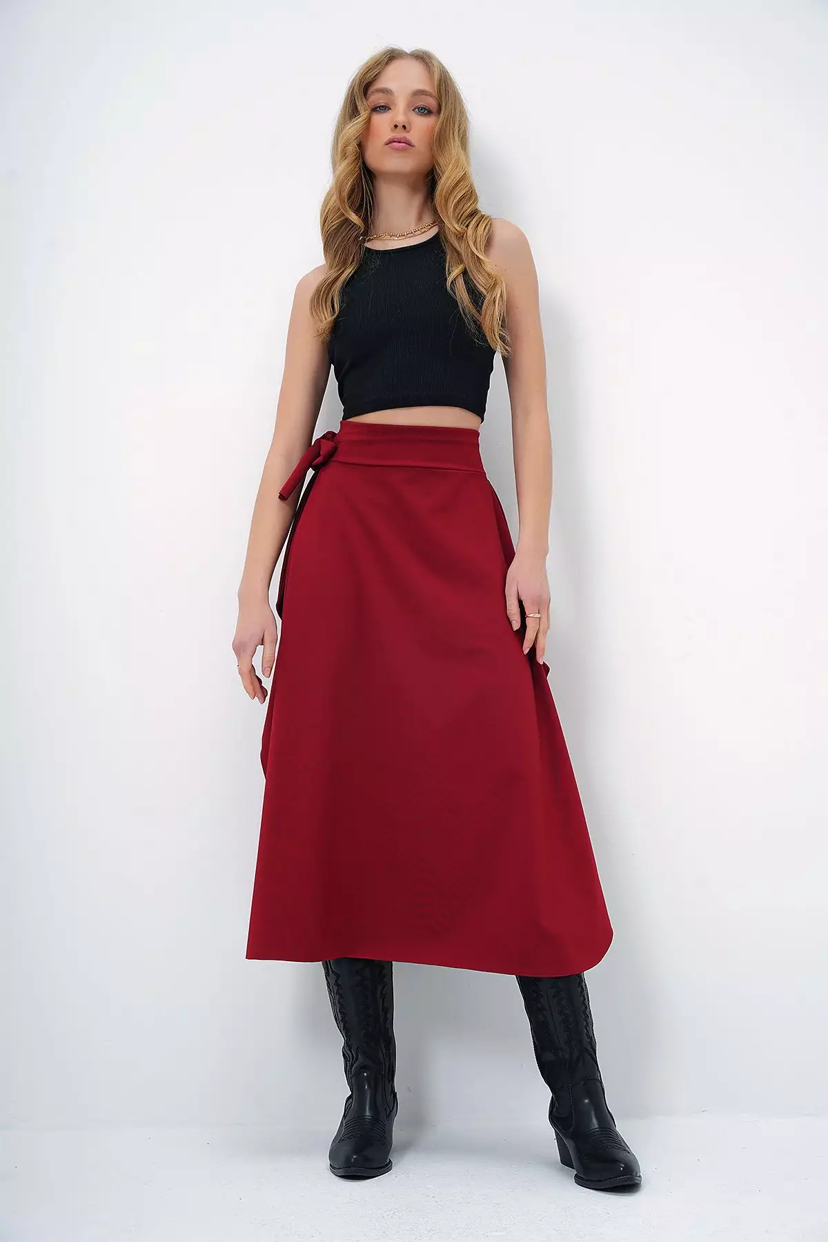 Bordeaux Ethnic Pattern Midi Asymmetric Regular Skirt