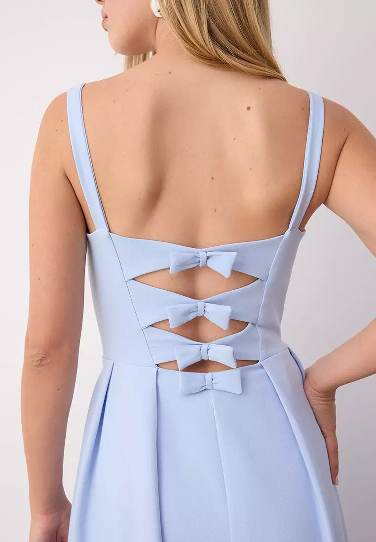 Light Blue A Line Back Bow Detail Long Stylish Evening Dress