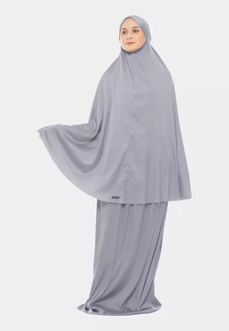 Ayesha Mukena 2in1 Prayer Set Polos Lasercuting Armani Silk Premium By Cotton Bee - Pewter Grey