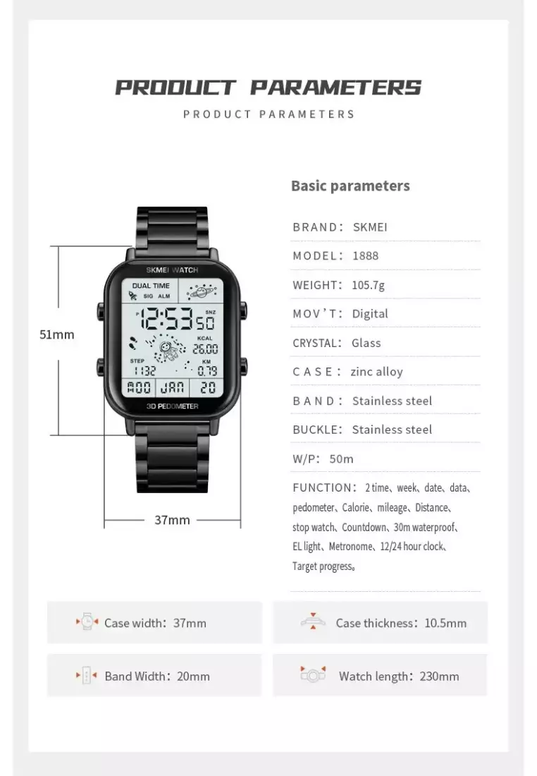 Back Light Display Sport Pedometer Digital Watches Mens Stopwatch Countdown Wristwatch Calendar Calorie Calculation Clock