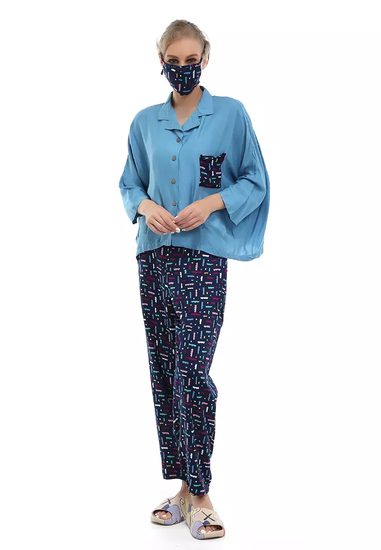 Vance Pajamas Setelan Baju Tidur Wanita Lengan Panjang Material Rayon ORIGINAL - Navy