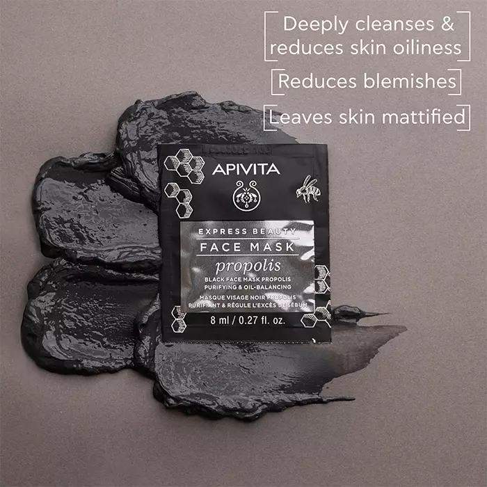 Apivita Express Beauty Black Face Mask With Propolis, Purifying & Oil-Balancing 2X8 ml | Masker Wajah dengan Propolis dan Charcoal Mengontrol Sebum Kulit Berminyak
