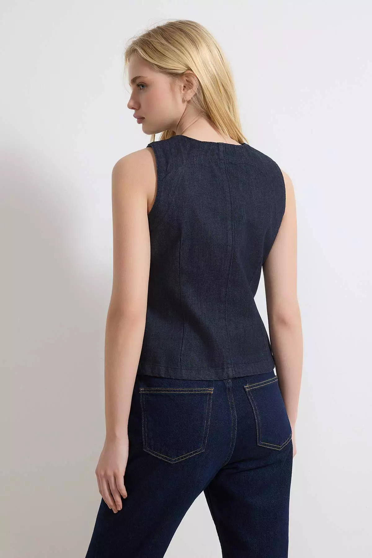 Dark Blue Button Detailed Fitted 1% Cotton Denim Vest Twoss26Ye4