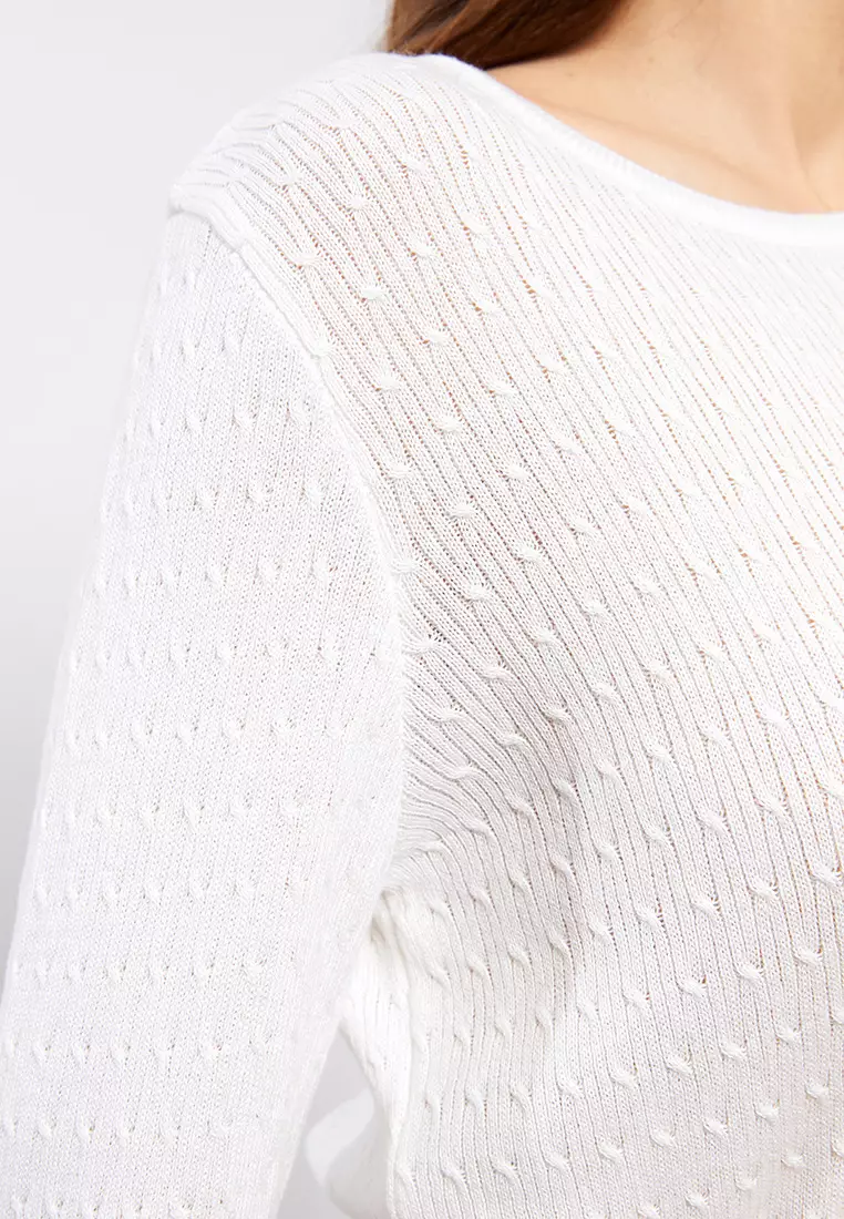 Crew Neck Self Patterned Long Sleeve Women's Knitwear Sweater