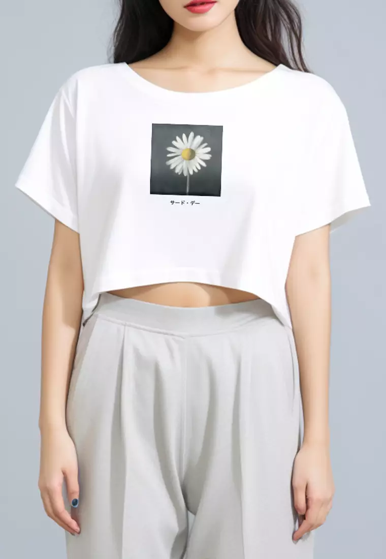 LTG08 Kaos Wanita Gambar Bunga Crop Top Oversize OLC Daisy Slim Fit Instacool "daisy katakana" putih